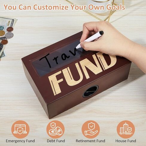 MHJY Money Saving Box Wooden Money Box for Cash 10000 Savings Challenge Box Coin Bank Cash Savings Box with Money Target for Kids Adult,Light Brown in Saudi Arabia
