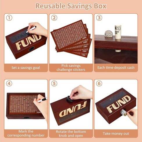 MHJY Money Saving Box Wooden Money Box for Cash 10000 Savings Challenge Box Coin Bank Cash Savings Box with Money Target for Kids Adult,Light Brown in Saudi Arabia