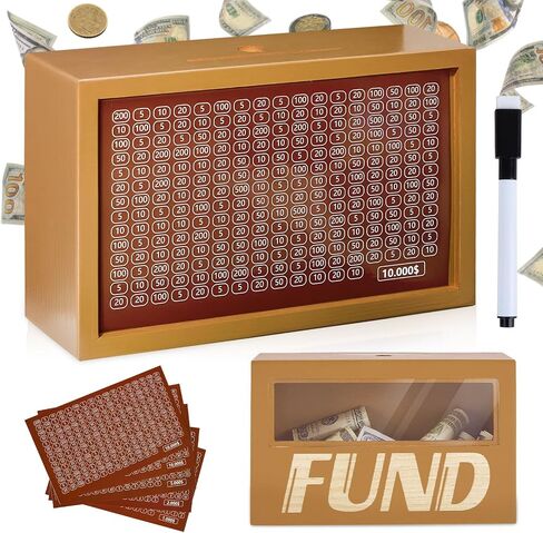 MHJY Money Saving Box Wooden Money Box for Cash 10000 Savings Challenge Box Coin Bank Cash Savings Box with Money Target for Kids Adult,Light Brown in Saudi Arabia