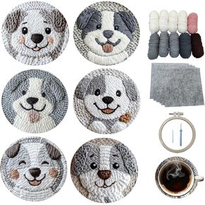 6pcs Dog Punch Needle Coaster Kit for Kids Beginners Adults, Complete Punch Needle Stitching Embroidery Art Coasters Kit for Kids Adult Beginner Animal Punch Needling Coaster