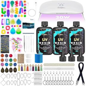 طقم صنع المجوهرات Suzzam UV ، مجموعة راتنجات الأشعة فوق البنفسجية الصافية 300 جرام مع قوالب ، و 30W و 22 حبات المصباح UV Light كبيرة لأقراط صنع الحرف والقلائد وسلاسل المفاتيح