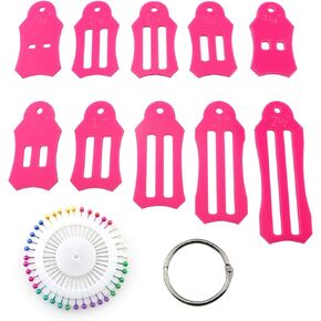 RLECS Roll Sasher Tool Set for Folding Fabric and Biasing Strips - 10pcs Pink Multi-Sizes Sasher with Storage Chain and 40pcs of Multi-Color Quilting Pins