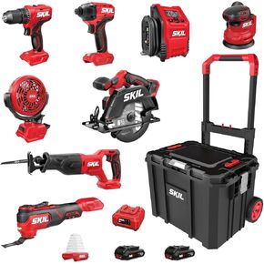 SKIL 20V 4-Tool Combo Kit: 20V Cordless Drill Driver Reciprocating Saw, Circular Saw and Spotlight, Includes Two 2.0Ah PWR CORE Lithium Batteries and One Charger - CB739701,Black, Red