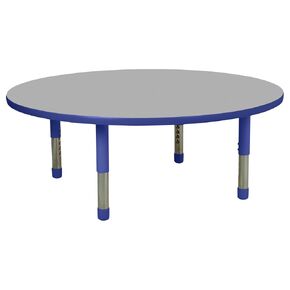 Factory Direct Partners FDP Round Toddler Activity School Table (48 بوصة) ، أرجل TOT صغيرة الأزرق ، ارتفاع قابل للتعديل 12-18 بوصة - أعلى رمادي وحافة زرقاء