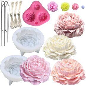 Chrysanthemum Flower Silicone Mold 4 PCS Daisy Mold Flower Resin Mold Daisy Flower Molds with Large-Eye Wicking Needle Candlewick for Scented Candle DIY Clay Craft Cake Decoration Cupcake Toppe