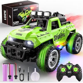 DEERC REMOTE CONTROL CAR مع ضباب الضباب و LED مصابيح ملونة ، 1:18 SCALE RC TRACK مع بطاريتين ، شاحنة وحش 2.4 جيجا هرتز للأولاد ، جميع التضاريس على الطرق الوعرة ، لعبة تعليمية وهدية للبنين الفتيات