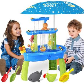 BELLOCHIDDO Water and Sand Table with Water Pumb & Umbrella - Summer Toys 3-Tier Kids Water Play Table, Outdoor Toys for Boys Girls