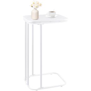 C Shaped End Table, 27 Inches High Small Side Table for Sofa and Bed, Couch Table That Slides Under, Tall Tv Tray Table for Living Room, Bedroom, Metal Frame, Greige & Black