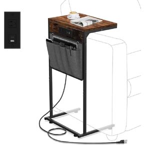 C Shaped End Table with Charging Station, Small Side Table with Storage Bag for Couch and Recliner, Slide Under Sofa Tray for Living Room, Bedroom, Rustic Brown