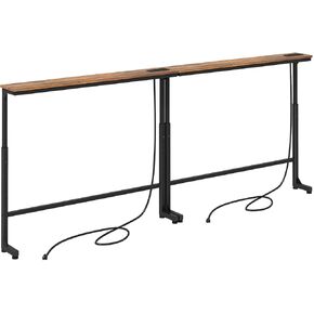 Kitstorack 2-Pack Rustic Brown Narrow Console Table Behind Sofa Couch, Design with Adjustable Height (25"-33") & Built-in Power Outlets, Includes 6.5' Power Cord - 5.9" D x 79" L