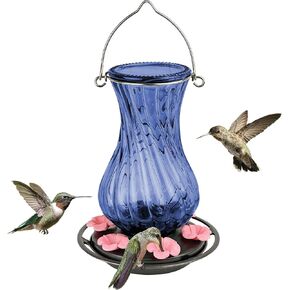 طارد Nature Way Hanging Glass Hummingbird Feeder للديكور في الهواء الطلق ، وتغذية الرحيق 32 أونصة ، و 6 موانئ وردية مرنة سهلة التنظيف ، والأزرق