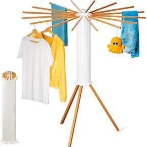 Cylinder Tripod Clothes Drying Rack - 16 Expandable Rods | Standing Octopus Drying Rack Clothing | Space Saving Master | Collapsible Compact for Laundry Room Household & RV | Solid Wood
