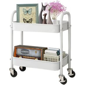 2 Tier All-Metal Rolling Cart, Rolling Storage Cart with Handle and Locking Wheels Kitchen Cart Laundry Office Bathroom Storage Organizer Cart, White
