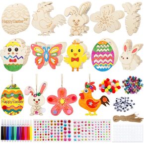 GWAHSA Easter Crafts for Kids, 60pcs Wooden Arts Crafts Supplies Painting Kit for Kids Ages 4-8 8-12 Party Favors Easter Spring Classroom Activities Basket Stuffers Hanging Tree Ornaments Decor