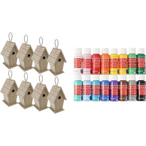 DIY Birdhouse & Paint Set Bundle-8 غير مكتملة 8.5 بوصة من الطيور الخشبية ومجموعة الطلاء الاكريليك 16 بلون ، مثالية للطلاء ، التزيين والتعليق في الهواء الطلق