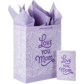 Hallmark 13" Large Mother's Day Gift Bag with Tissue Paper and Card (Love You Mom, Lavender, Modern Flowers)