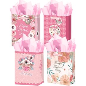 qiqee Mother's Day Gift Bags 4Pcs with Tissue Paper -7.9"x4.3"x9.6" Medium Size Cardboard Gift Bags（4pcs Bags +12pcs Tissue Paper ）