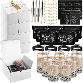 RimCereal 8 Set Bridesmaid Proposal Box Gifts 74 Pcs Maid of Honor Gifts 16oz Glass Cup Makeup Bag Glitter Pen Invited Card Knotted Bracelet Hair Clip Tag Boxes Leaves Paper Shred Rope(Green)