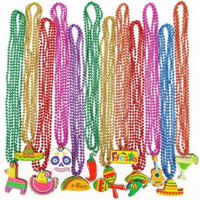 50PCS Cinco de Mayo Necklace Decorations, 12 Kinds Fiesta Mexican Beads Decor Bulk, Metallic Mexican Party Decor Beads Necklace, Fiesta Cactus Pinata Maracas Accessories Cinco de Mayo Party Favors