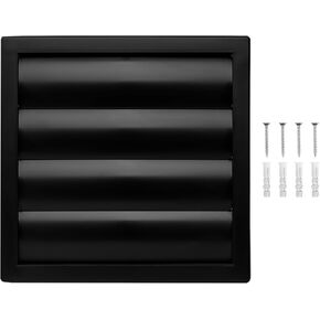 ø4" Inch Black Square Exhaust Vent Cover - Louvered Dryer Duct Vent Cover - Vent Hood with Shutters - One-Directional Plastic Air Grille - Hidden Screw Holes