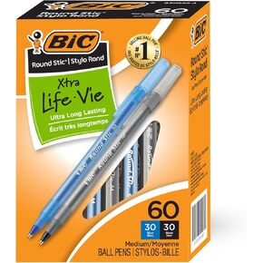 BIC Round STIC XTRA LIFE الأقلام - 60 حزمة من الأقلام السائبة - نقطة متوسطة 1.0 مم ، 30 حزمة أسود و 30
