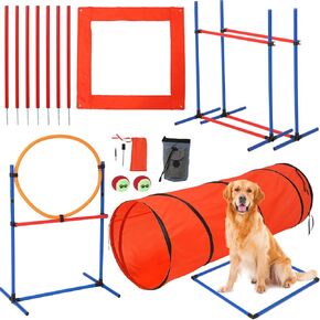 معدات تدريب الكلاب الرشيقة مجموعة داخلية في الهواء الطلق ، 70 "نفق + إطارات القفز + قفزة عقبة ، أعمدة نسج ، صندوق توقف مؤقت ، 2 كرات لعب ، صافرة ، حقيبة حمل ، مجموعة مسار عقبة الكلب الممتازة