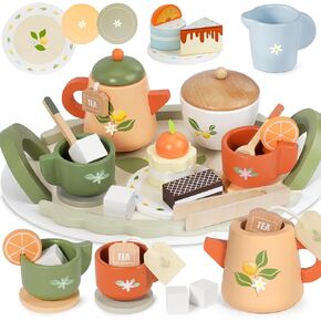Dreamon Wooden Tea Sets for Toddlers 3-5, Little Girls Birthday Gift Play Food Toy Sets for Kids Age 3 4 5 6, Wooden Kitchen Accessories Tea Time Playset for Princess Party Girls and Boys