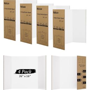 Ndsox 4 Pack 26" x 16" White Trifold Poster Board Medium Size Corrugated Cardboard Science Fair Display Boards for School Projects, Business Presentations, Event Displays, and Art Exhibitions