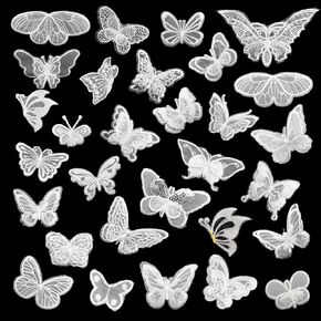 Yayatty 30 Pieces Lace Butterfly Applique Embroidery Butterfly Sew Iron On Patch for Wedding Bridal Dress Sewing Craft DIY Clothes Hair Ornaments (White)