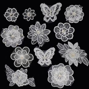 Antrader White Lace Flowers Applique,12Pcs Flower Lace Embroidered Applique 3D Flower Lace Embroidery Appliques Butterfly Lace Embroidered Appliques Sew on Patches for Wedding Bridal Dress Clothes
