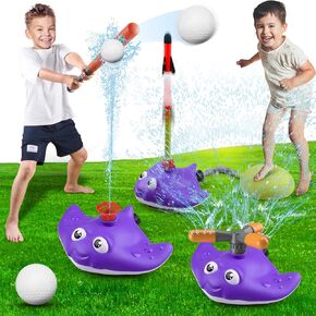 3 in 1 Water Baseball Summer Toys Sprinkler for Kids, Toddler Outdoor Toys Sprinklers for Yard with 2 Sprinkler Heads, 360° Roating Water Toys Attache to Garden Hose Backyard Pool Party Outdoor Games