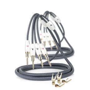HiFi Speaker Cable 14 AWG Audiophile High Purity Copper Speaker Cable with Cotton Net Braided, Comes with Gold Plated Banana Plugs and Spade Connectors (6.56ft/2m)