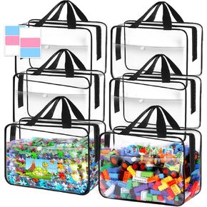 Toy Storage Bags 6 Packs, Kids Toy Storage Organizer with Zipper and Labels, PVC Clear Bags for Board Games, Books, Puzzles, Building Blocks(Large, Black)