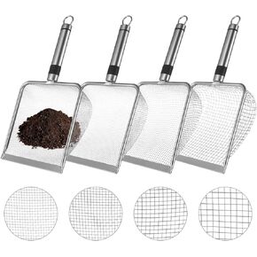 4 Pcs Gardening Soil Sifters, Stainless Steel Sieve Sifters with Handles, Large Cat Litter Scoops, Portable Garden Tools, Deep Compost Sifters, Sand Shovels, 4 Mesh Screen Sizes