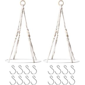 2 PCS Macrame Herb تجفيف رفوف ، رف عشب معلق مع 16 خطاف ، شماعات حبل قطنية منسوجة يدويًا للزهور المجففة ، مجفف عشبي مع حلقة معلقة خشبية لتوابل حديقة المطبخ