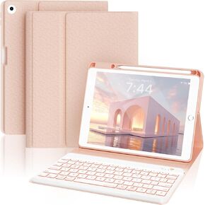 Keyboard Case for iPad Air-2 9.7 Inch 2014, 7-Color Backlit Detachable Wireless with Pencil Holder, Stand Folio Cover for 6th 5th Generation 2018/2017, Pink