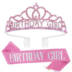 CIEHER Birthday Girl Sash and Birthday Crown Rose Gold Birthday Tiara for Women Birthday Girl Headband Princess Crown Birthday Decorations Birthday Crown and Sash Rhinestone Happy Birthday Accessories Birthday Gifts