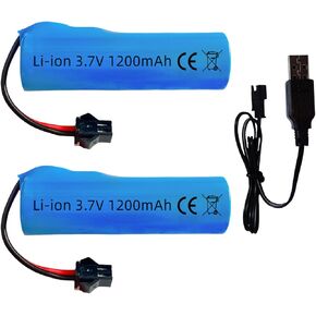 1200mah 3.7V Rechargeable Battery SM-2P Plug with USB Charger for RC Car Battery RC Trucks Toy Robots Bazooka Rocket Bubble Gun Battery Replacement 2 Pack 3.7 Volt Rechargeable Battery