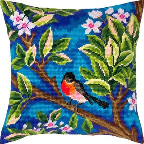 Brvsk Bird Needlepoint Kit for Adults and Beginners — Bullfinch. Tree by John Henry Dearle 16″ × 16″ with Clear, Precise Printed Design on Cotton Canvas; Includes 2 Needles, Yarn, and Easy-Read Chart