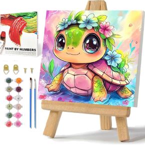 hkejoi Turtle Paint by Numbers Kit for Kids Age 8-12, Turtle Paint by Numbers Framed Flowers Paint by Number with Frame, Framed Paint by Number Kits on Canvas with Box 9.84x9.84 inch