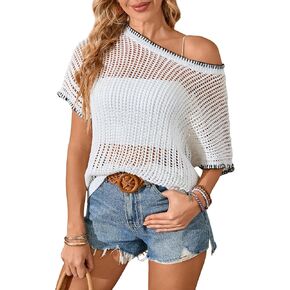 Verdusa Women's Half Dolman Sleeve Crochet Sweater Casual Loose Summer Hollow Out Knit Tops Cover Up in Saudi Arabia