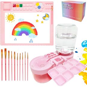 Painting Station, Paint Brush Cleaner (Upgraded) and Silicone Painting Mat 20"X16" with 10 Paint Brushes, Leak Proof Paint Brush Rinser, Gift for Adults Artist Beginners