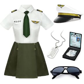 G.C Girls Pilot Costume Kids Dress Up Outfits Toddler Sunglasses Hat Accessories Halloween Cosplay Role Play Party Gifts