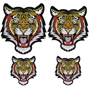 4Pcs Tiger Iron on Patch, Roaring Tiger Head Patch Embroidered Patches Cute Funny Cool Embroidered Appliques Patches, Suitable for Hat Clothes Bags Jeans