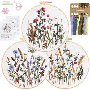 RidaaFri Embroidery Kit for Beginners Set of 3, DIY Hand Stamped Embroidery Kits for Adults, Kids and Starter with Cat, Floral, Plants Patterns, Step by Step Instructions and Video Tutorial