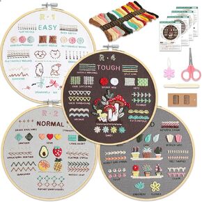 KintKita Embroidery Kit for Beginners Adults 4 Sets, Easy Leaning 33 Basic Embroidery Cross Stitch Practice Kits for Adults,Includes Embroidery Patterns, Hoop, Color Threads,Tools