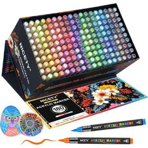 180 Acrylic Paint Markers, Acrylic Paint Pens Brush Tip for Rock Painting, Wood, Glass, Stone, Canvas, Ceramic, Fabric - Acrylic Markers DIY Craft & Art Supplies for Kids, Adults, Artists