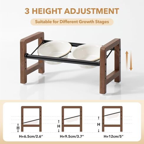7.1inch Ceramic Adjustable Raised Double Bowls Set with Stand, 3 Heights Elevated, 2 Placement Options,Food and Water Bowls for Medium and Large Dog(Reactived Glaze -White) in Kuwait
