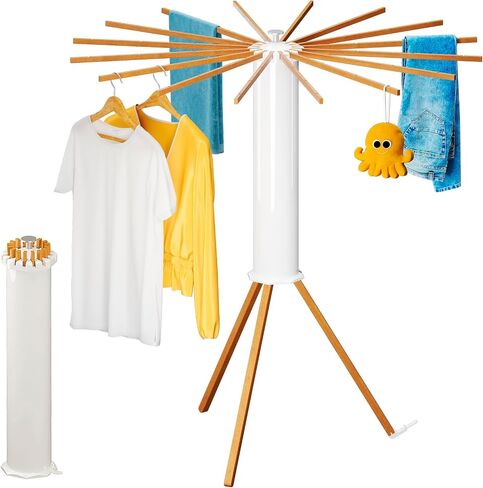 Cylinder Tripod Clothes Drying Rack - 16 Expandable Rods | Standing Octopus Drying Rack Clothing | Space Saving Master | Collapsible Compact for Laundry Room Household & RV | Solid Wood in Kuwait