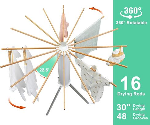 Cylinder Tripod Clothes Drying Rack - 16 Expandable Rods | Standing Octopus Drying Rack Clothing | Space Saving Master | Collapsible Compact for Laundry Room Household & RV | Solid Wood in Kuwait